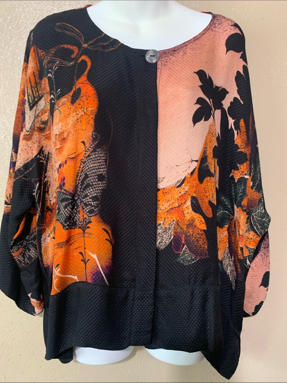 Citron XL Black Top with Orange & Prach Botanical Print Butterfly